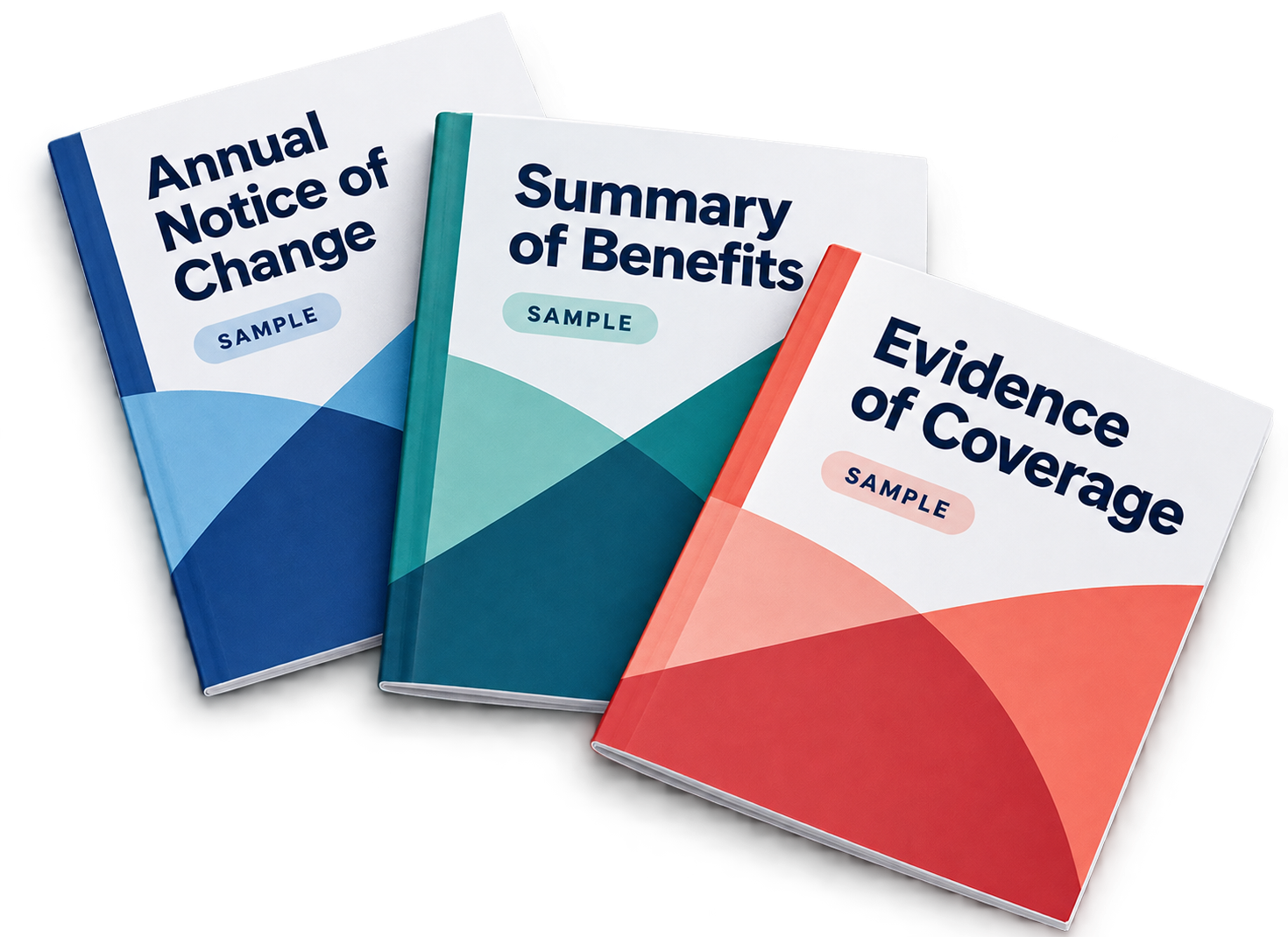 Illustrative sample brochures stacked with readable covers: Annual Notice of Change, Summary of Benefits, and Evidence of Coverage. Each is marked SAMPLE.